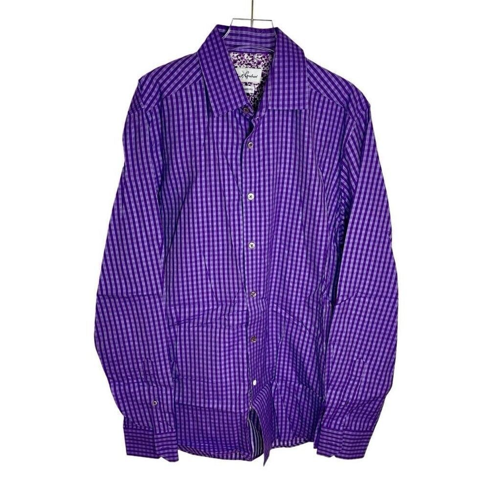 Robert Graham Purple Button Up‎ Front Plaid Shirt Men's 39 15.5 Tailored Fit S